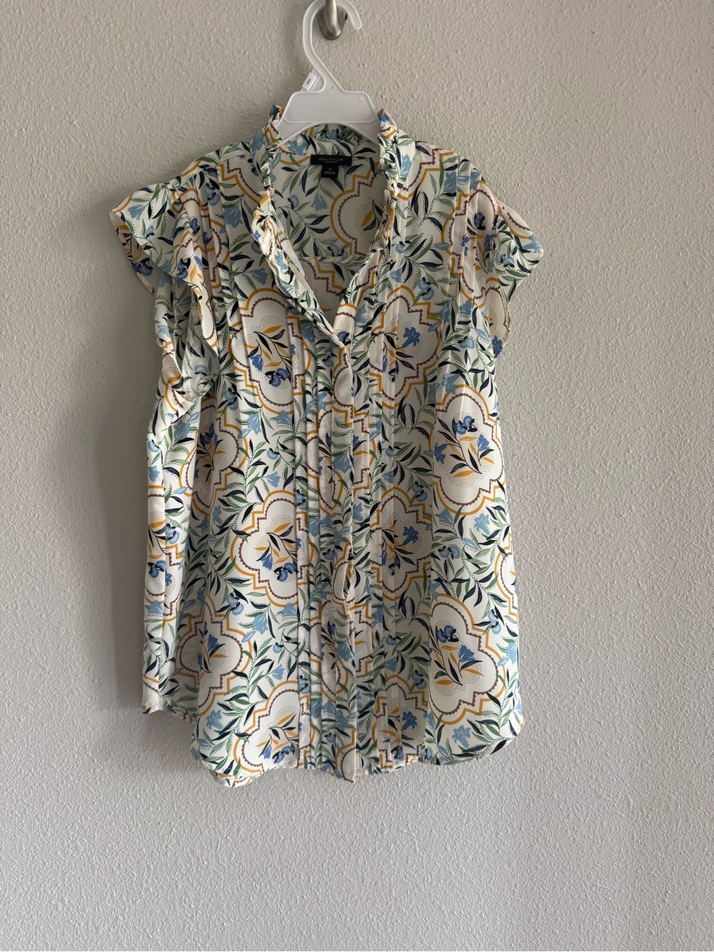 Ann Taylor Floral Button-Front Blouse - White/Blue/Yellow/Green